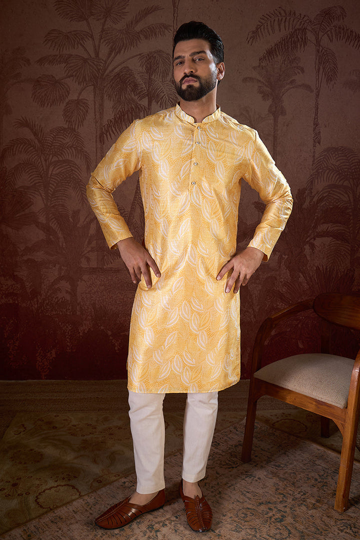 Yellow Silk Blend Floral Printed Straight Kurta With Trouser | SHOBITAM
