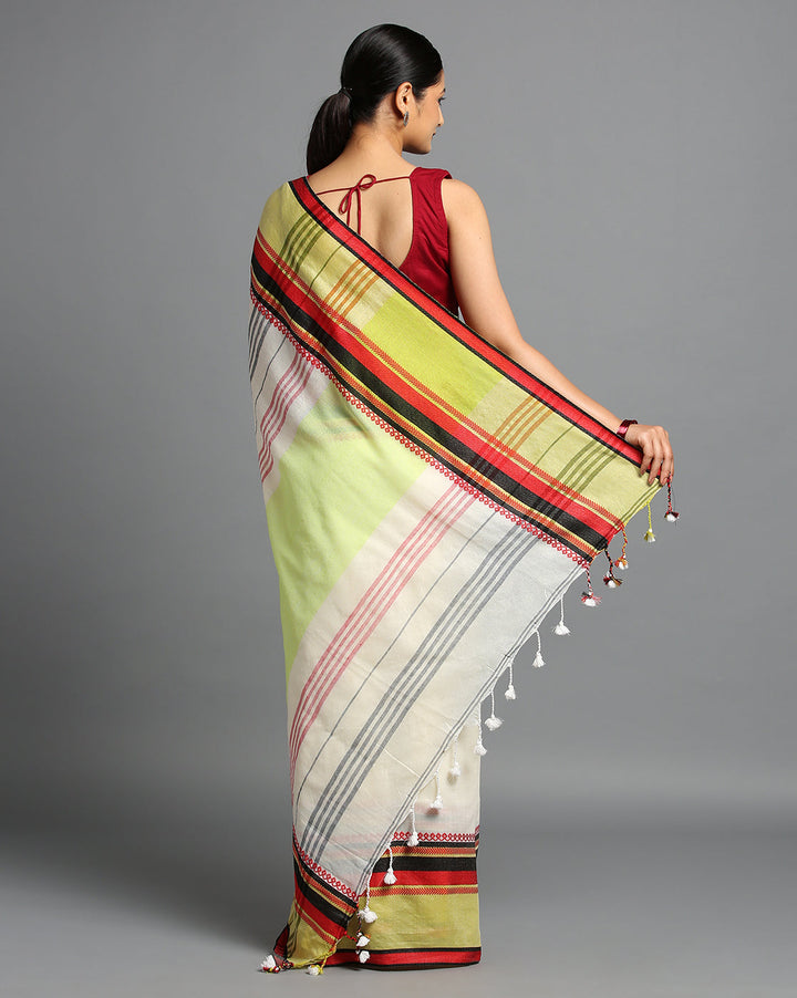 White Green Red Cotton Saree with Blouse piece