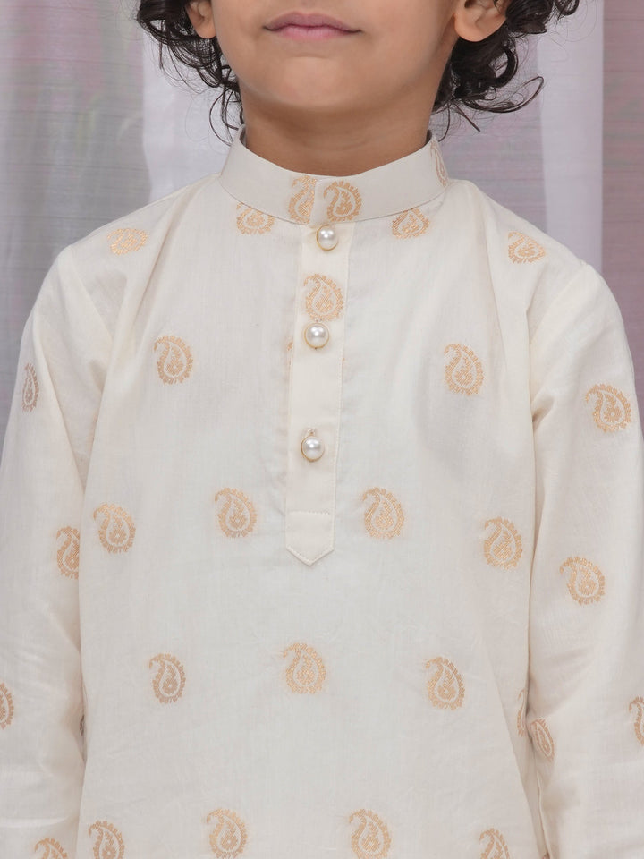 Boys Cotton Full Sleeves Kurta and Dhoti with Golden Paisley Zari Work- Cream | SHOBITAM