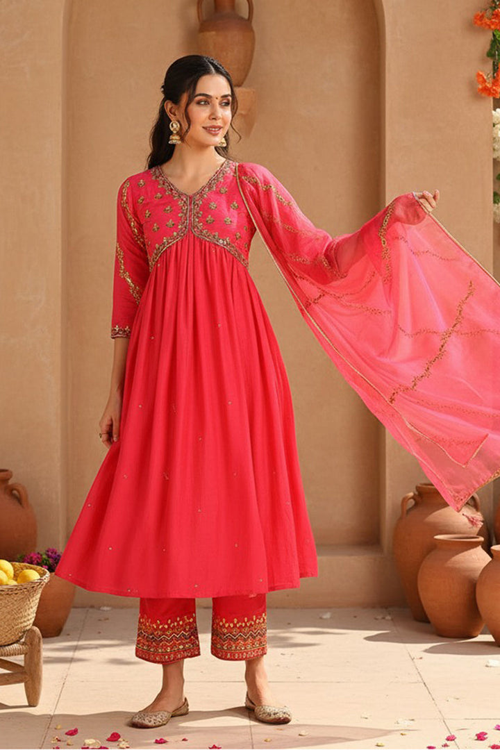 Pink Silk Blend Solid Embroidered Flared Suit Set | SHOBITAM