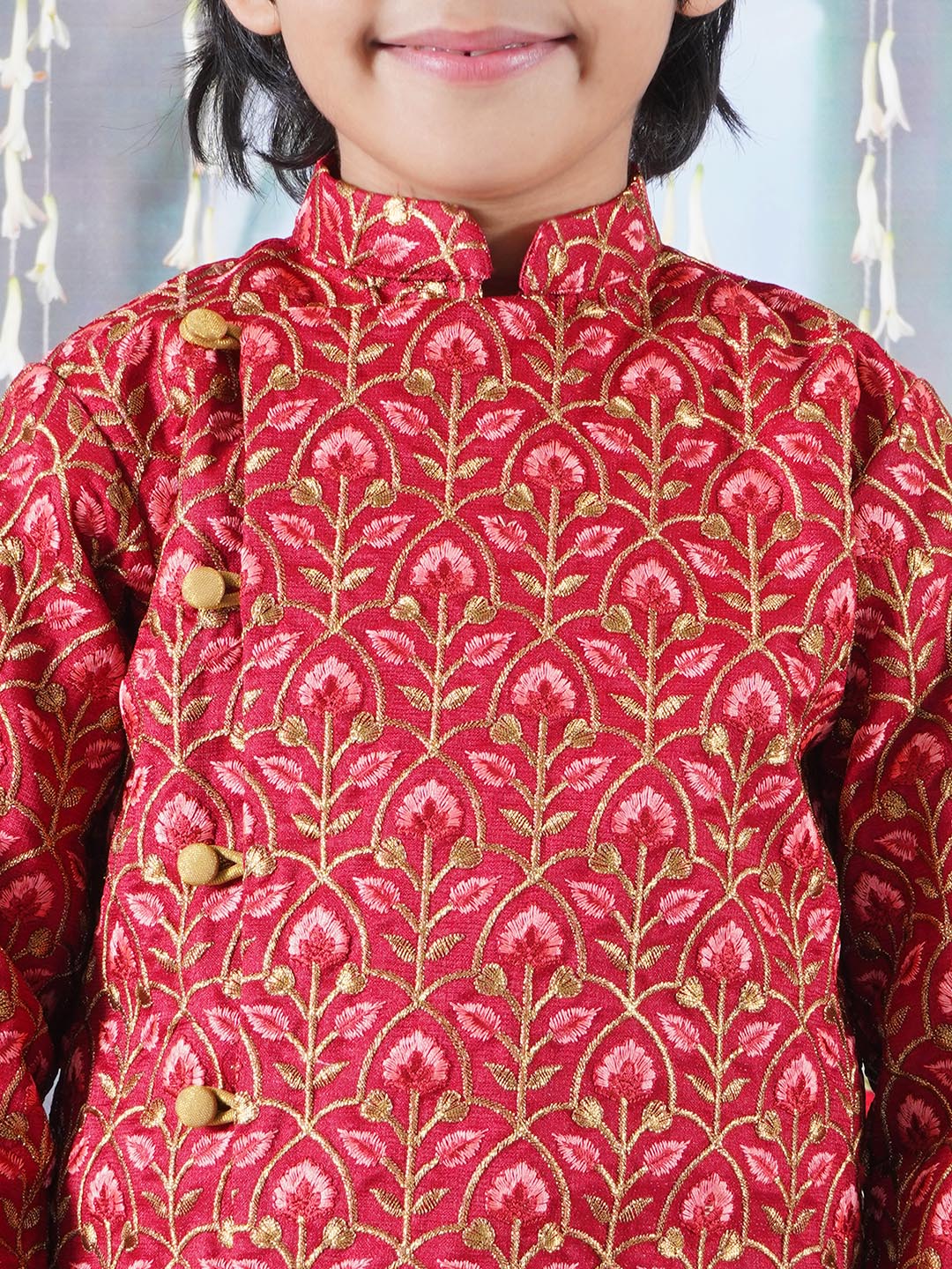 Boys Bageecha Floral Thread work Angrakha Sherwani with Beige Silk Dhoti in Cherry Red | SHOBITAM