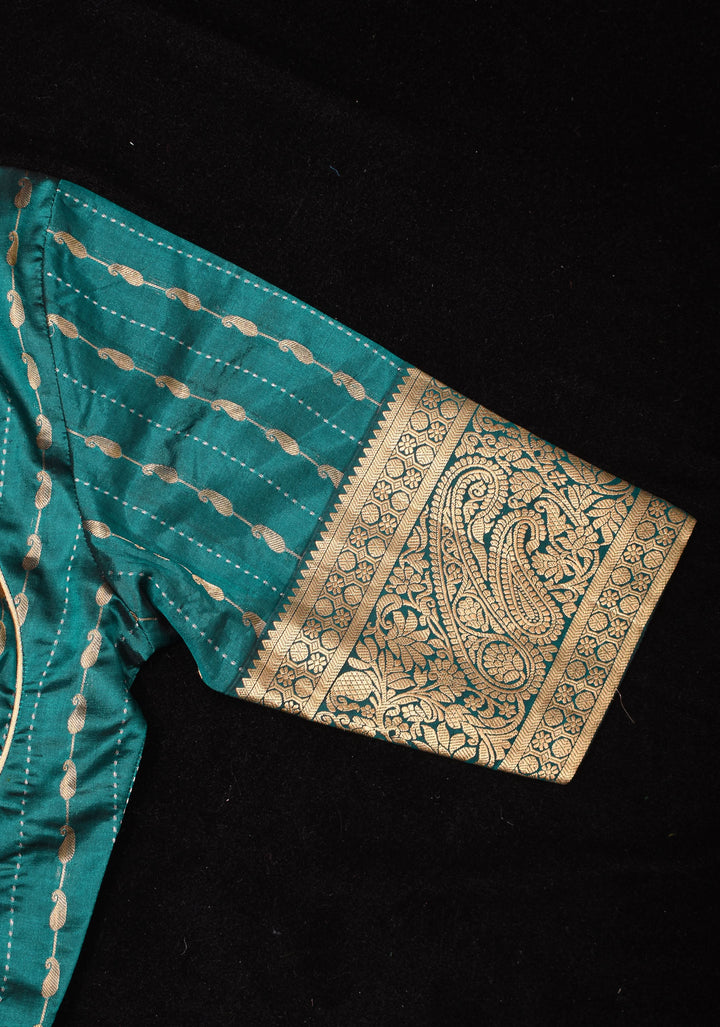 Peacock Blue Banarasi buti blouse with zari yoke detailing, made to order