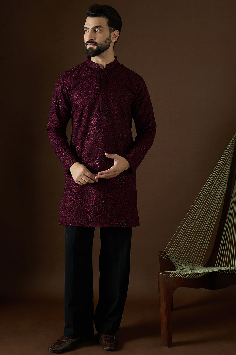Wine Georgette Solid Embroidered Straight Kurta For Men | SHOBITAM
