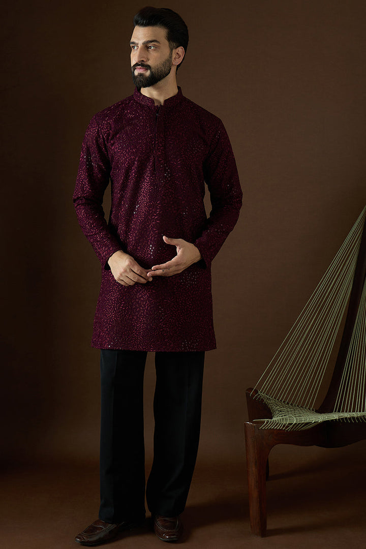 Wine Georgette Solid Embroidered Straight Kurta For Men | SHOBITAM