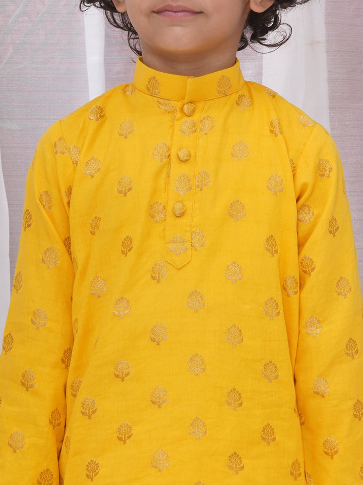 Boys Cotton Full Sleeves Kurta and Dhoti with Golden Floral Zari Work- Haldi Yellow | SHOBITAM