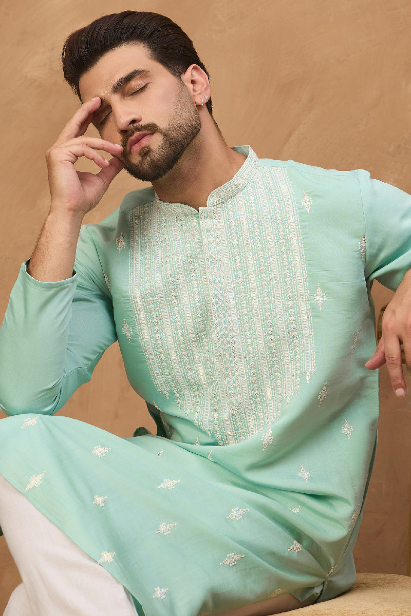 Blue Silk Blend Solid Embroidered Straight Kurta  | SHOBITAM