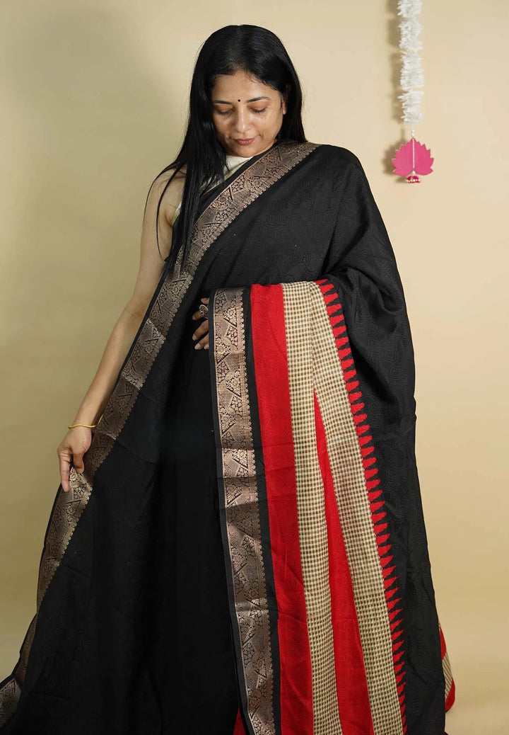 Black art silk Full body self design prints with multi border | SHOBITAM