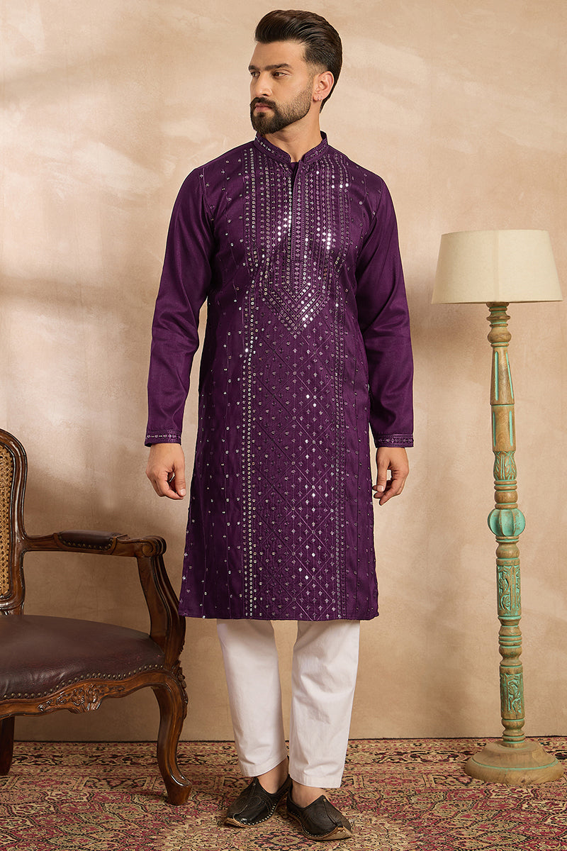 Purple Silk Blend Geometric Embroidered Straight Kurta With Trouser | SHOBITAM