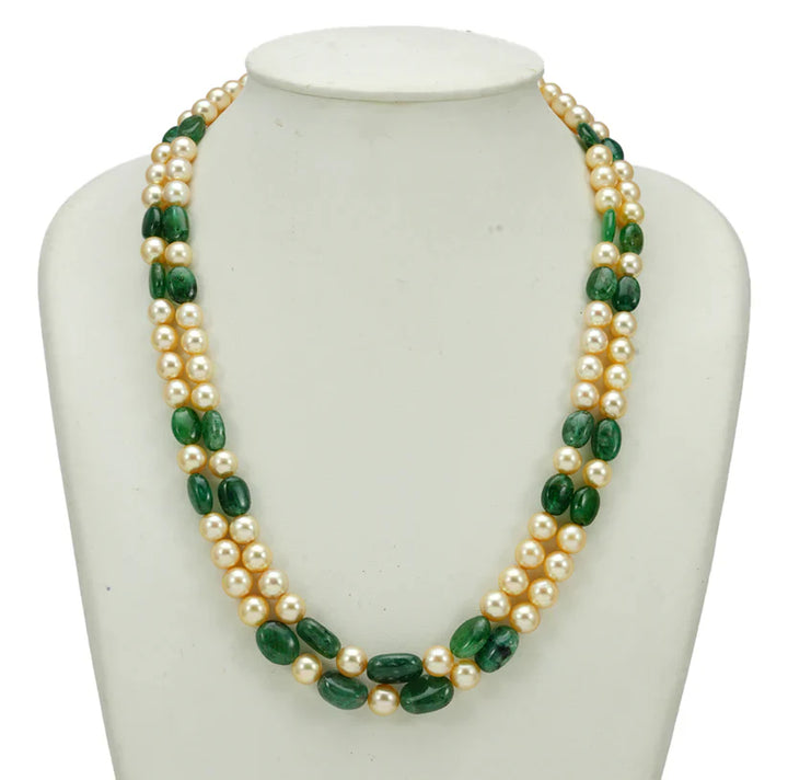 Natural Emerald Beads and 7.0-8.0mm Golden Saltwater Akoya Pearls Necklace Set - A Quality | SHOBITAM