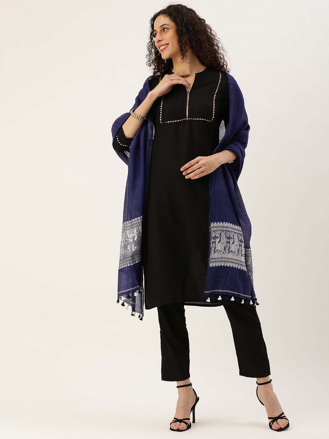 Indigo White Baluchari Silk cotton Dupatta | SHOBITAM
