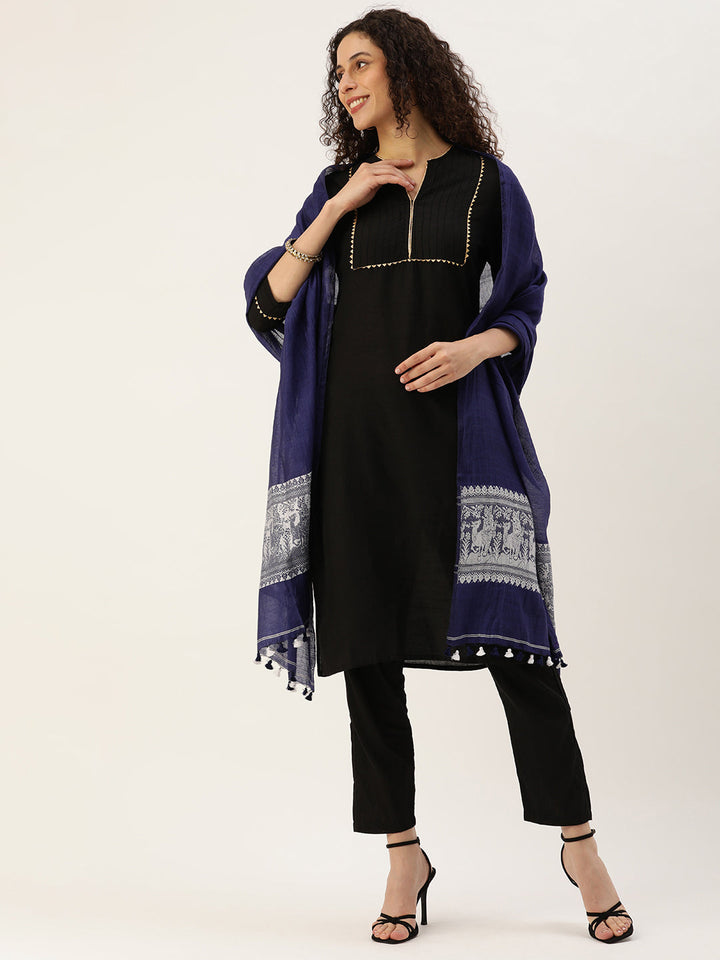 Indigo White Baluchari Silk cotton Dupatta | SHOBITAM