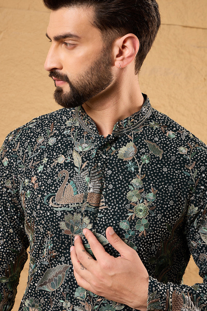 Green Silk Georgette Solid Embroidered Straight Kurta with Trouser  | SHOBITAM