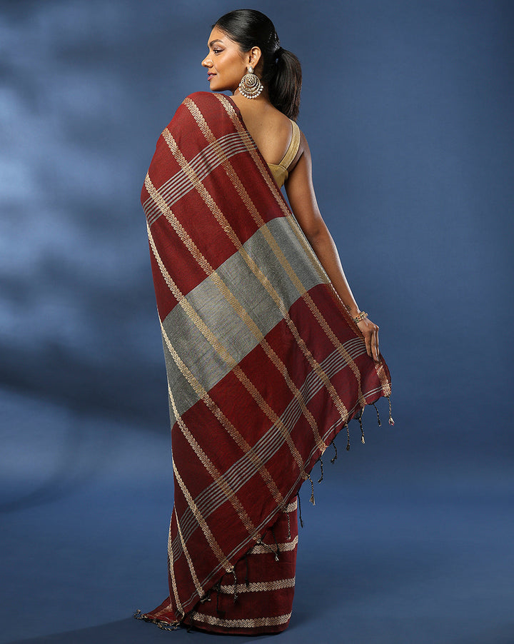 Maroon cotton Woven Saree with Blouse piece | SHOBITAM