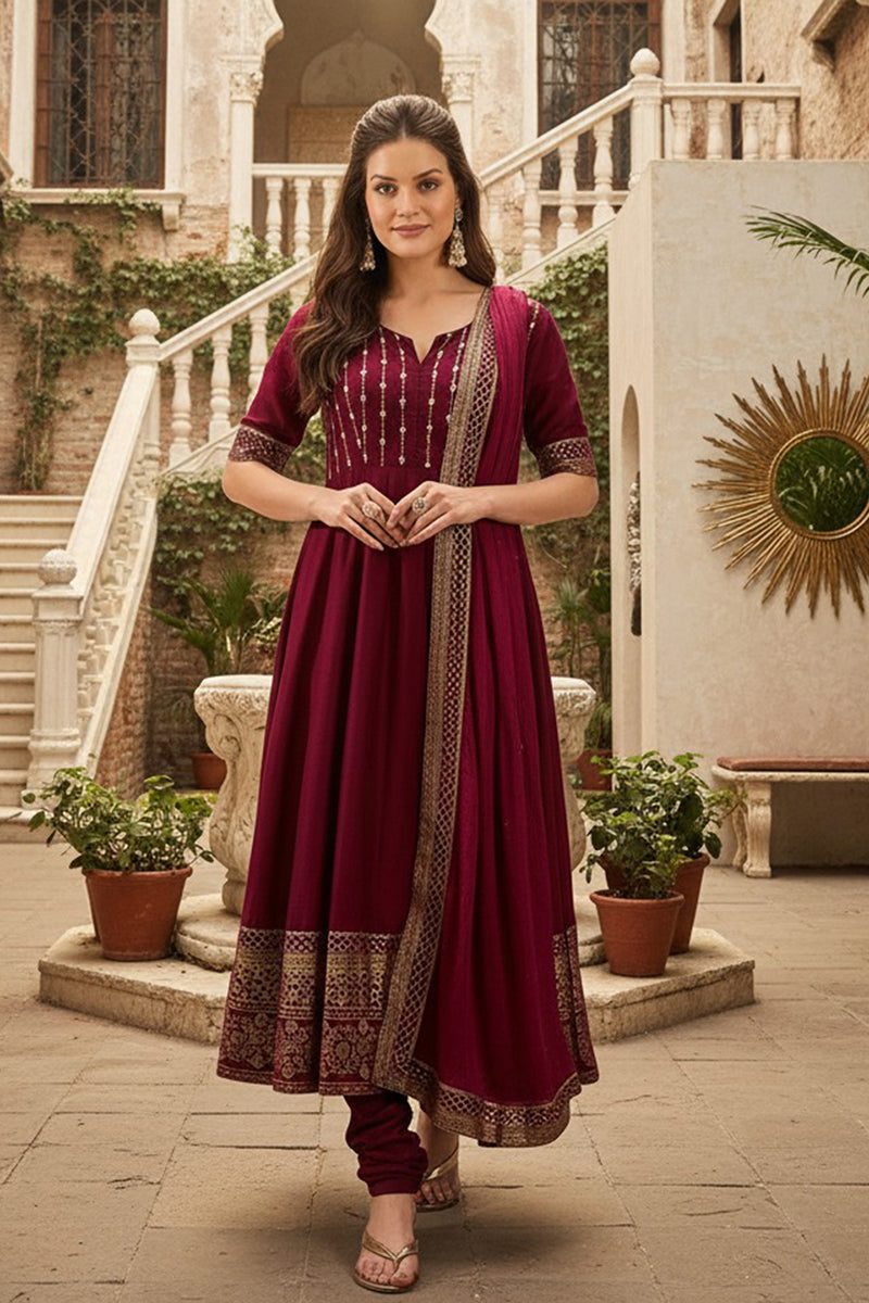 Magenta Silk Blend Woven Design Anarkali Suit Set | SHOBITAM