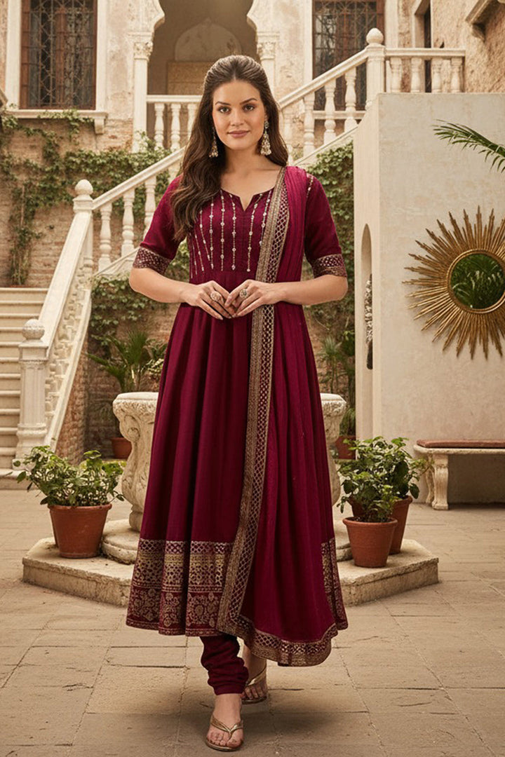 Magenta Silk Blend Woven Design Anarkali Suit Set | SHOBITAM
