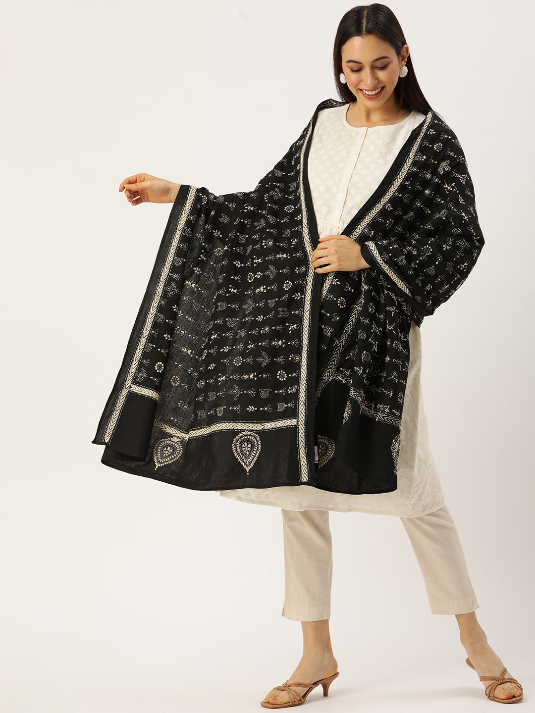 Hand embroidered Black Worli Kantha Embroidered Cotton Dupatta