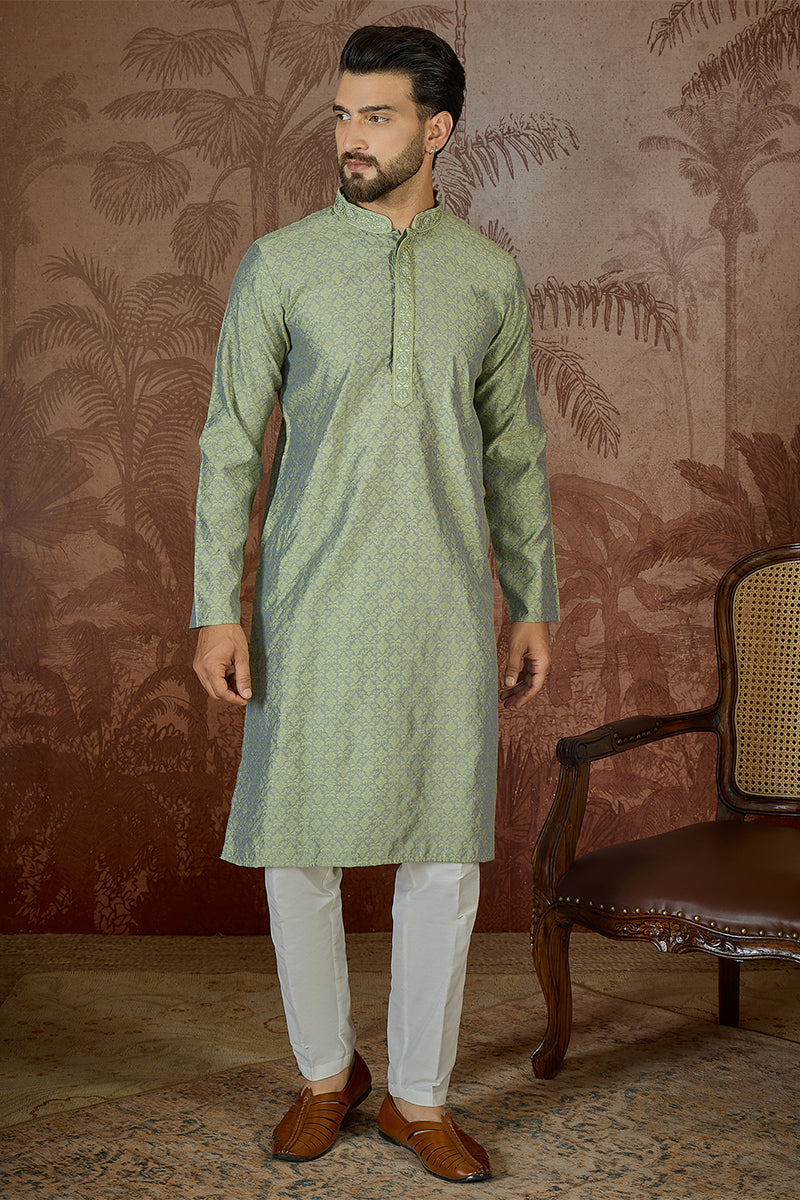 Mens Green Jacquard Solid Embroidered Kurta | SHOBITAM