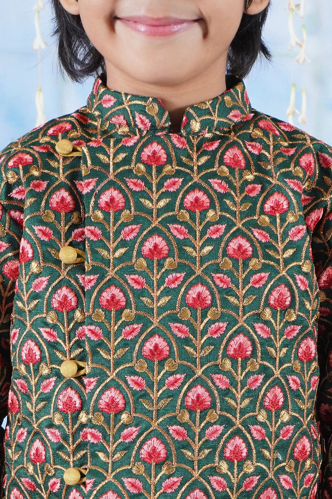 Boys Bageecha Floral Thread work Angrakha Sherwani with Beige Silk Dhoti in Green | SHOBITAM