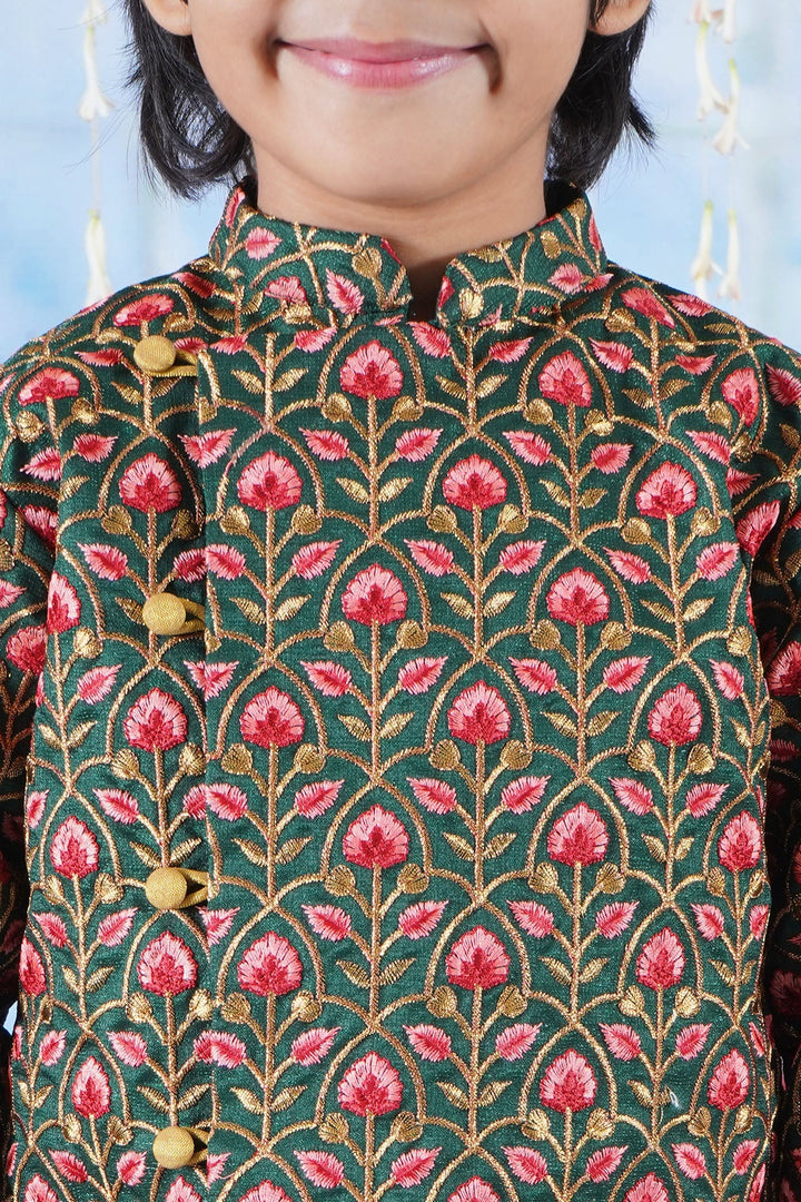 Boys Bageecha Floral Thread work Angrakha Sherwani with Beige Silk Dhoti in Green | SHOBITAM