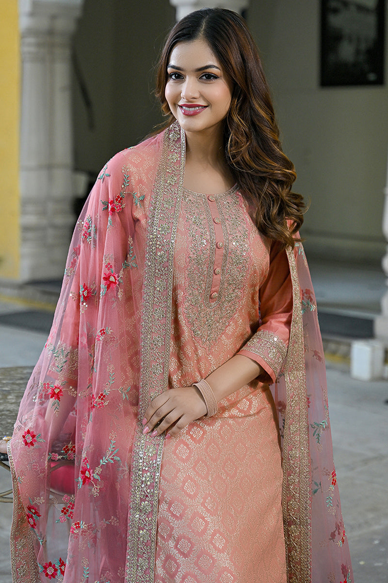 Peach Silk Blend Solid Woven Design Straight Kurta Trousers With Dupatta | SHOBITAM