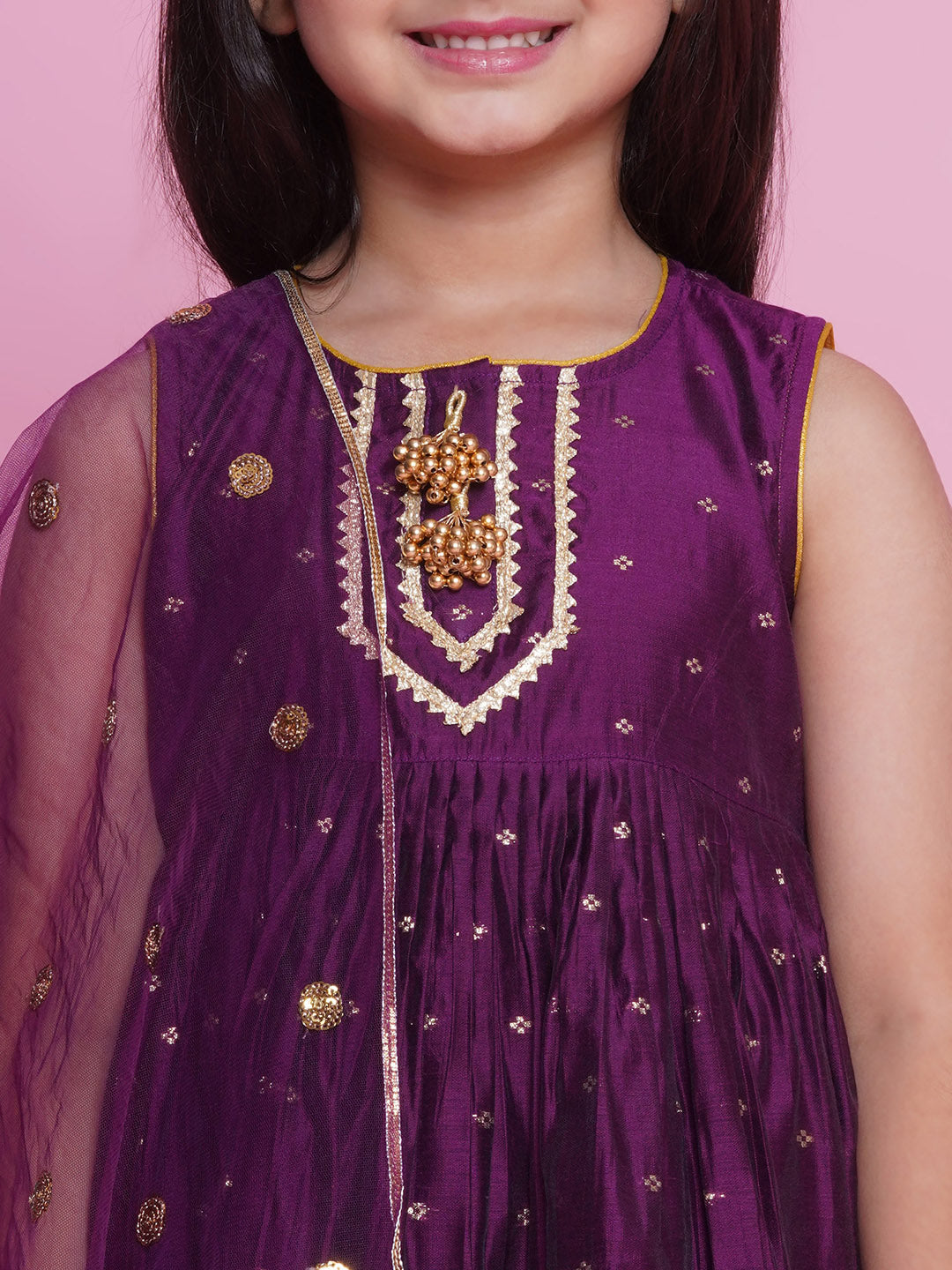 Girls Chanderi Cotton Sleeveless Kurta Frock with Plazzo and Dupatta with Boota, Lace & Tussel work - Royal Purple | SHOBITAM
