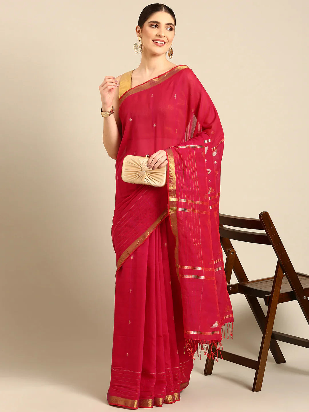 Pinkish Red Handloom Zari buti Jamdani Cotton Saree with blouse piece