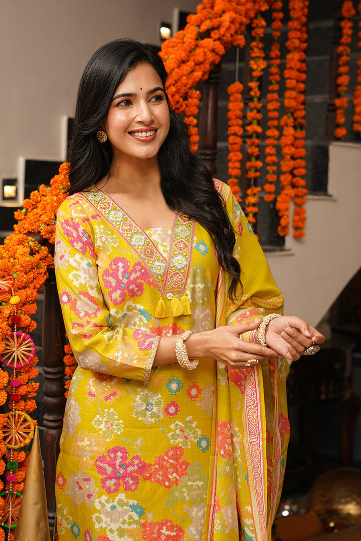 Yellow Viscose Rayon Geometric Embroidered Straight Kurta Trousers With Dupatta | SHOBITAM