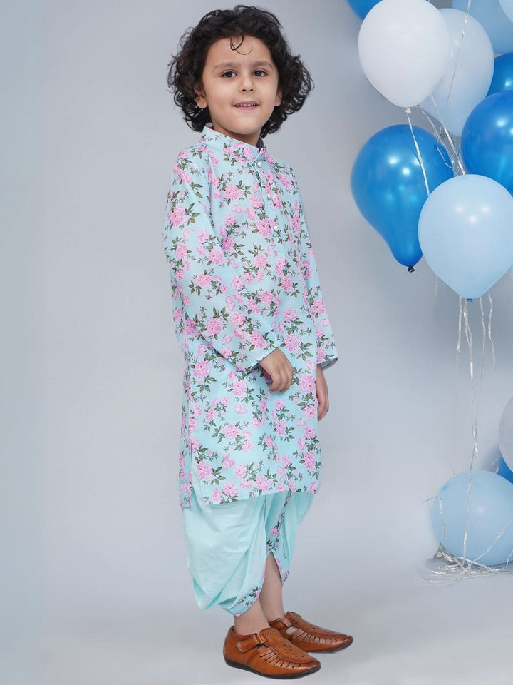 Boys Blue Muslin Floral Butterfly Dhoti Kurta Set  | SHOBITAM