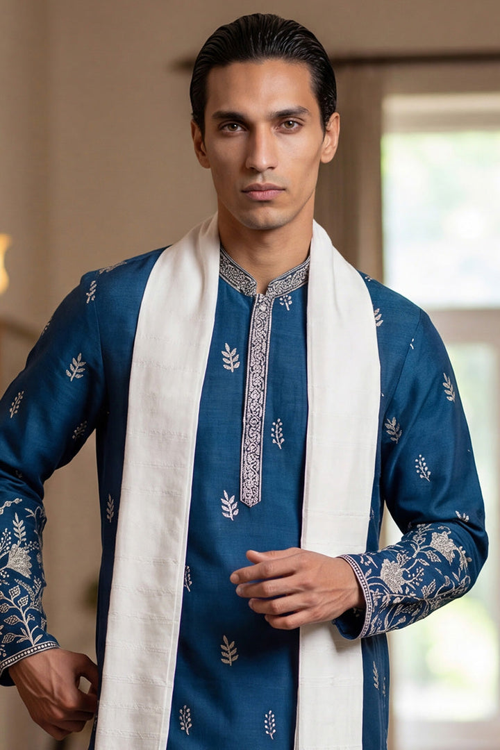 Men Blue Chanderi Silk Solid Embroidered Straight Kurta Trouser with Dupatta  | SHOBITAM