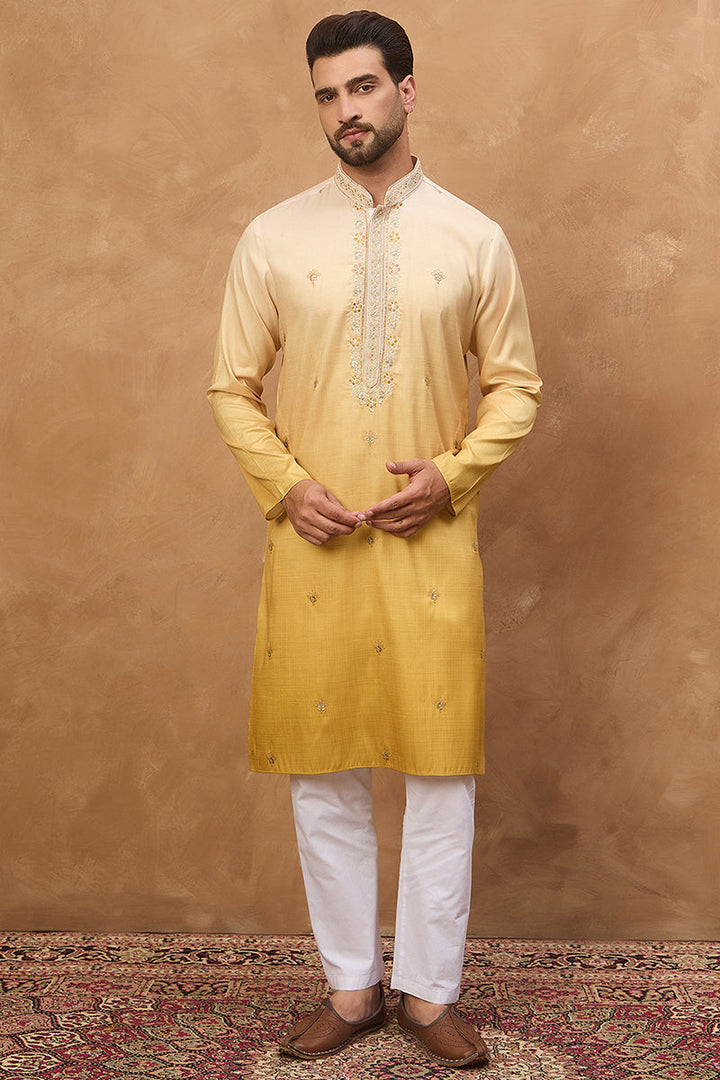Yellow Silk Blend Solid Embroidered Straight Kurta | SHOBITAM