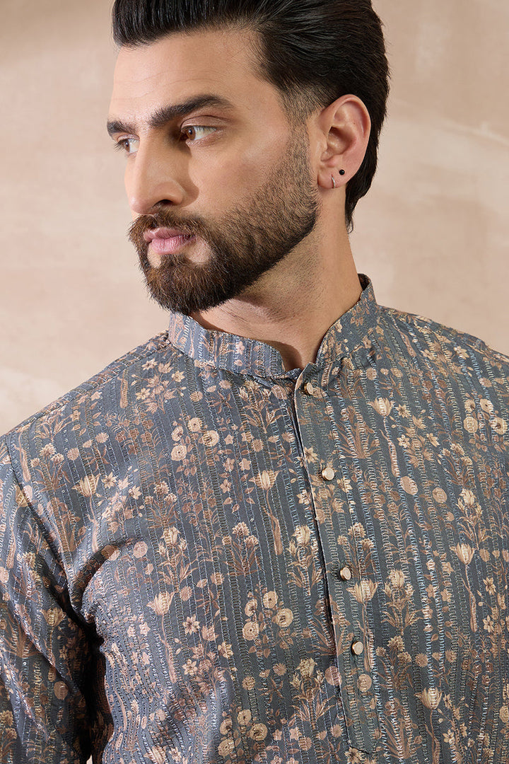 Grey Silk Blend Printed Mandarin Collar Straight Kurta For Men | SHOBITAM