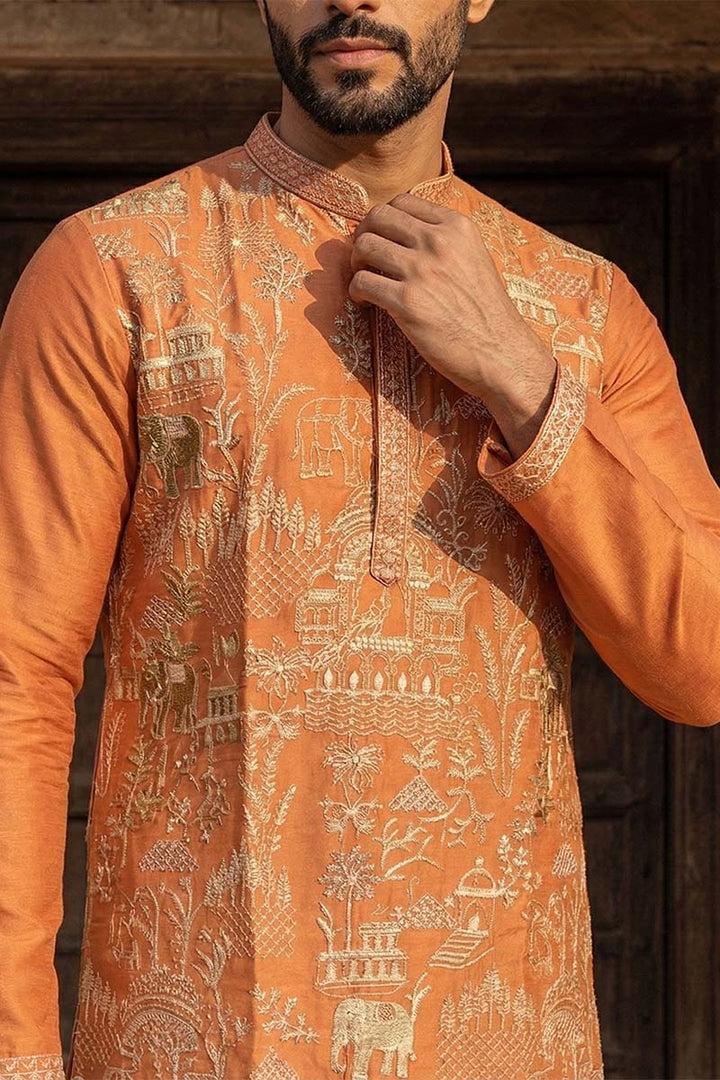 Peach Viscose Rayon Embroidered Straight Kurta | SHOBITAM
