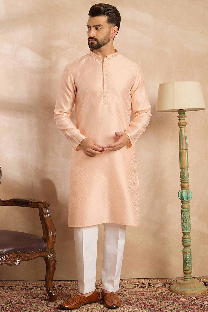 Peach Polyester Solid Embroidered Straight Kurta With Trouser | SHOBITAM