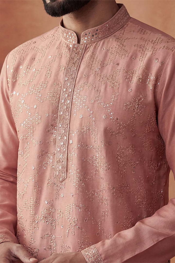 Silk Blend Peach Solid Embroidered Calf Length Straight Kurta | SHOBITAM