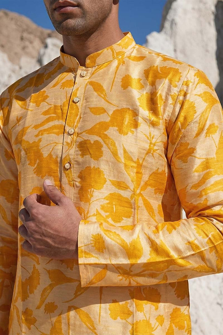 Yellow Silk Blend Printed Straight Kurta | SHOBITAM