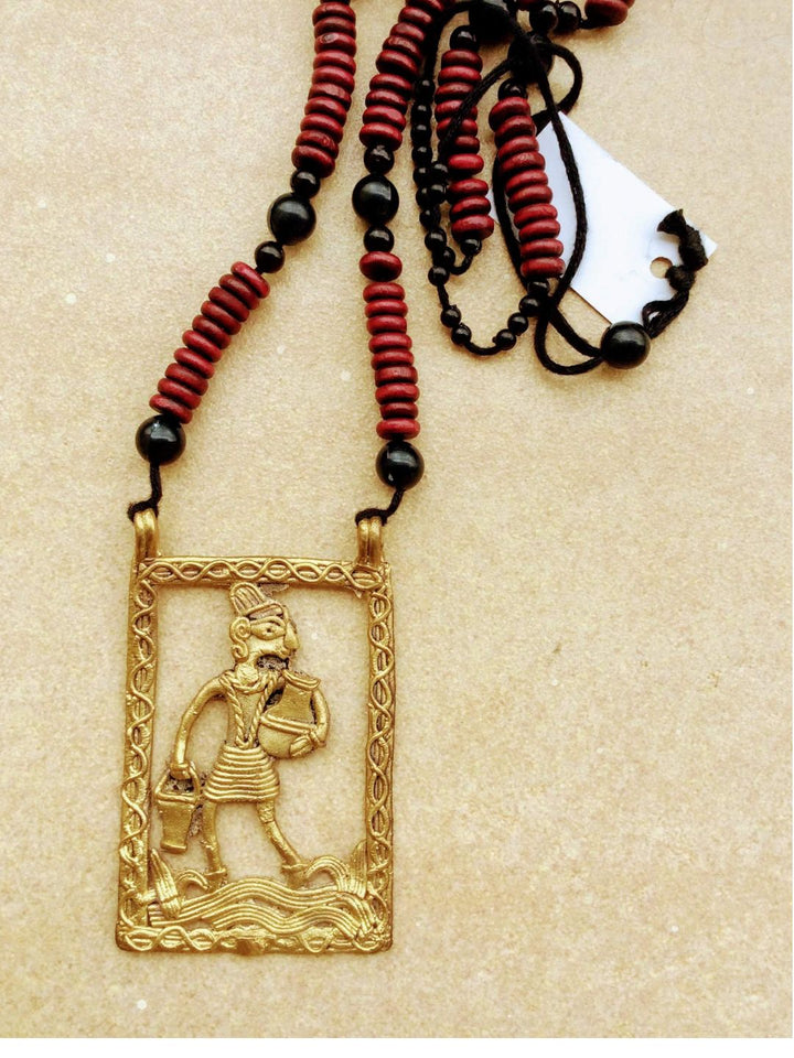 Maroon Handmade Large Dokra Pitcher Man Pendant Jewellery | SHOBITAM