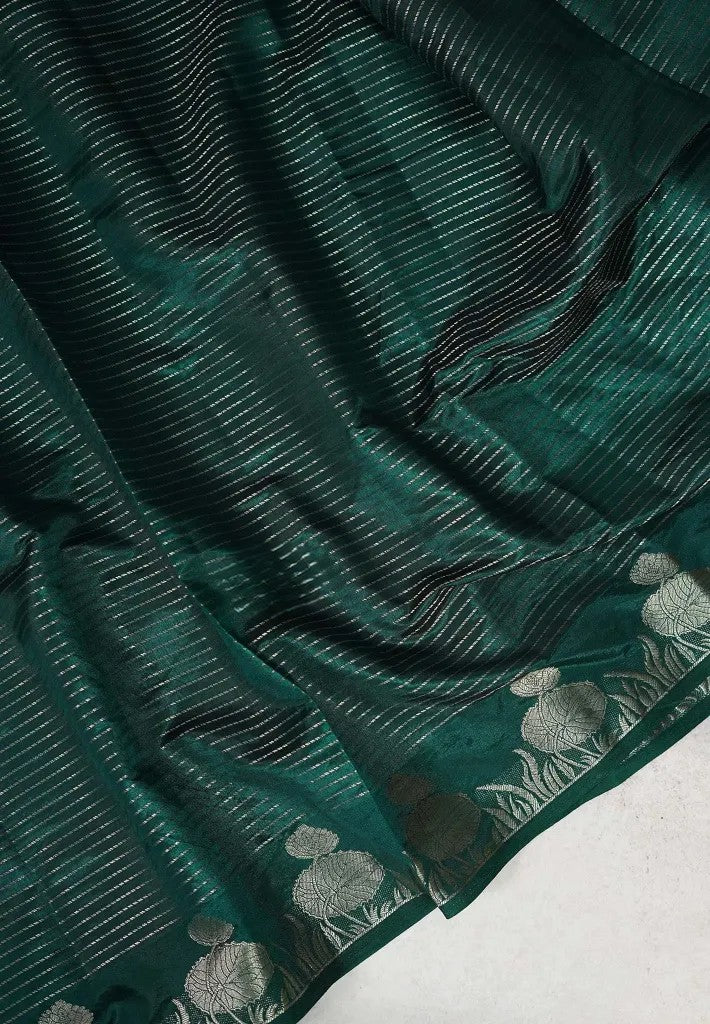 Hunter Green Zari Stripes Art Silk Saree with Zari detailing| SHOBITAM