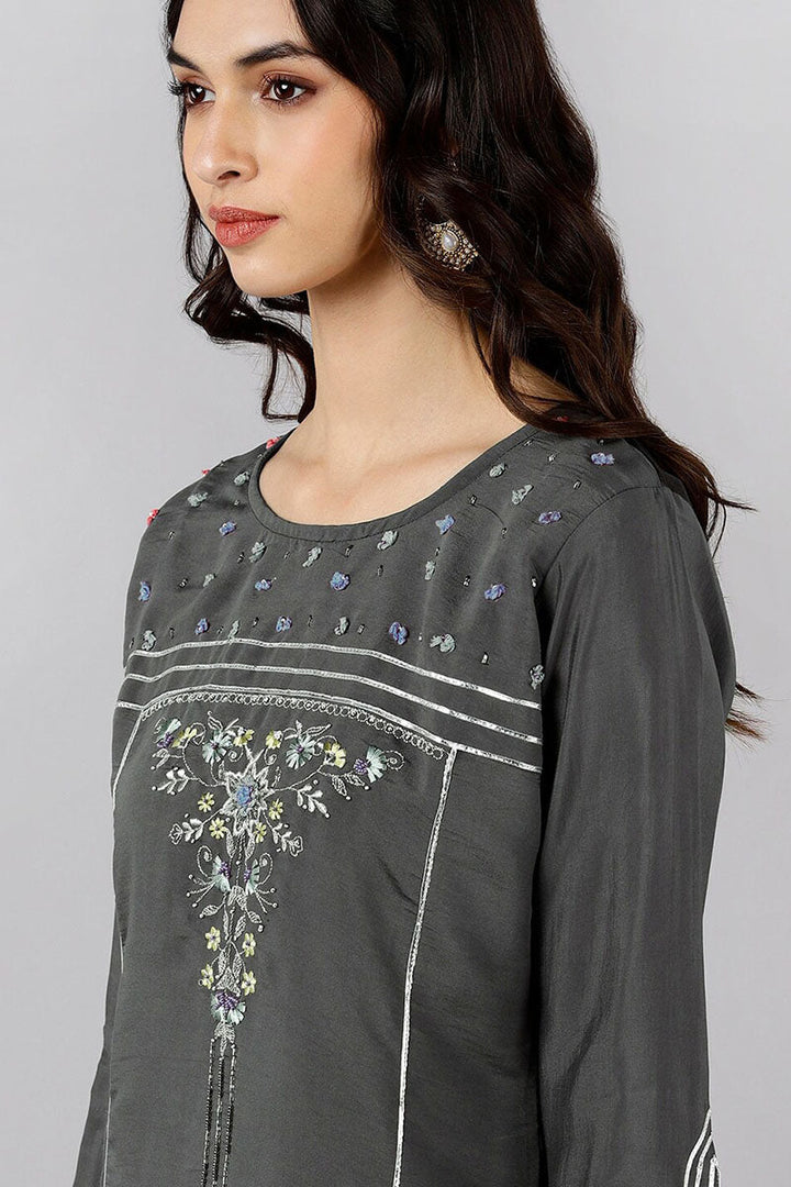 Grey Poly Silk Embroidered Straight Suit Set  | SHOBITAM
