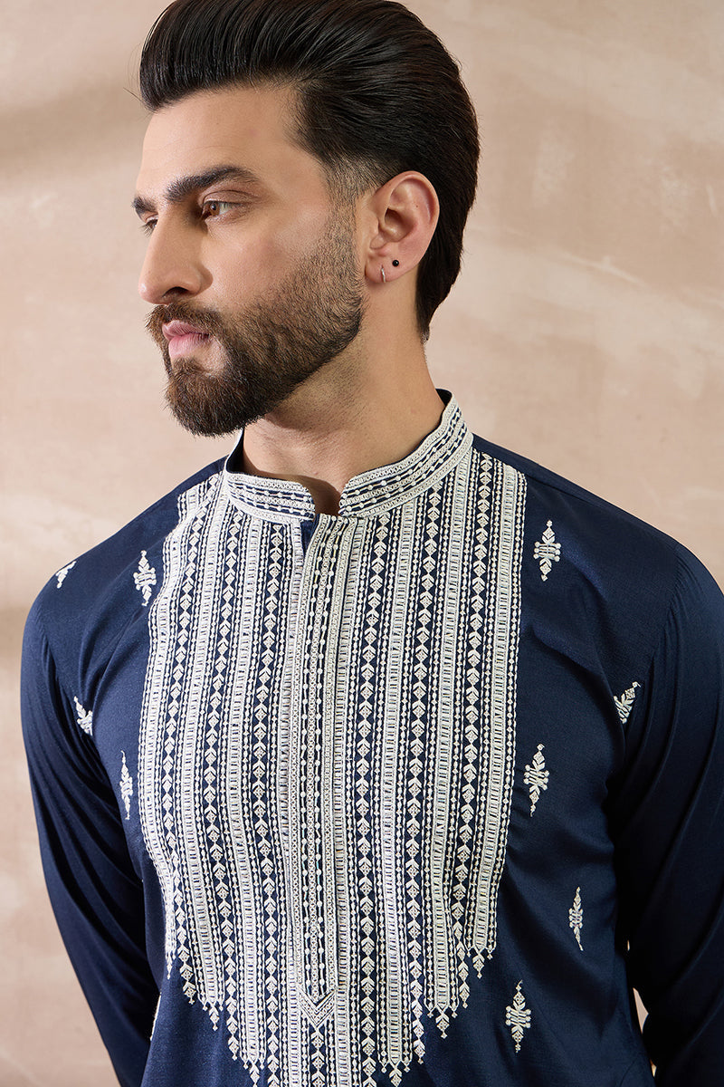 Navy Blue Silk Blend Embroidered Mandarin Collar Straight Kurta | SHOBITAM