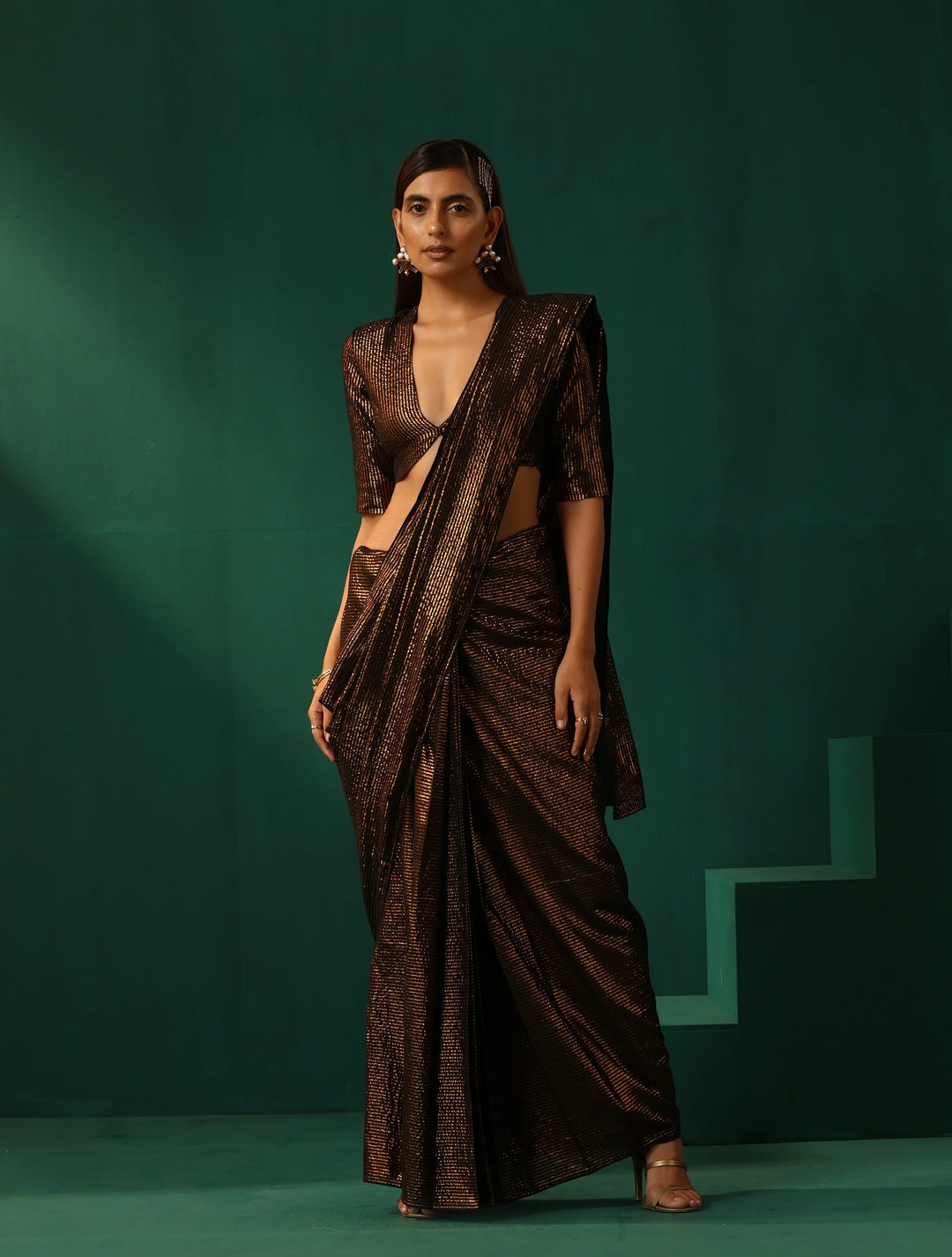 Black Cotton Gold Striped Saree With Unstitched Blouse | SHOBITAM
