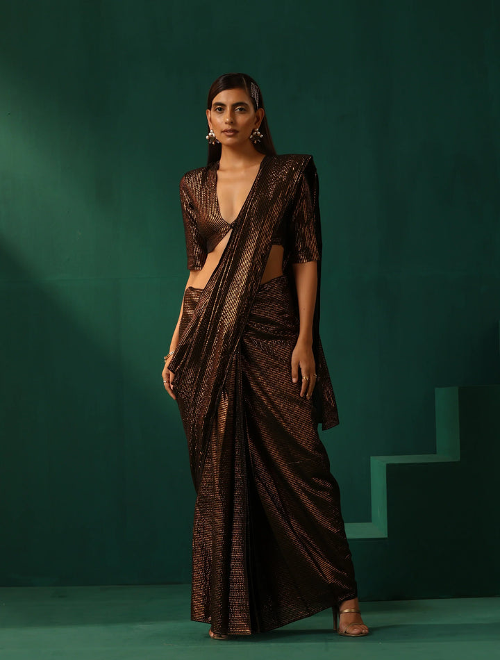 Black Cotton Gold Striped Saree With Unstitched Blouse | SHOBITAM