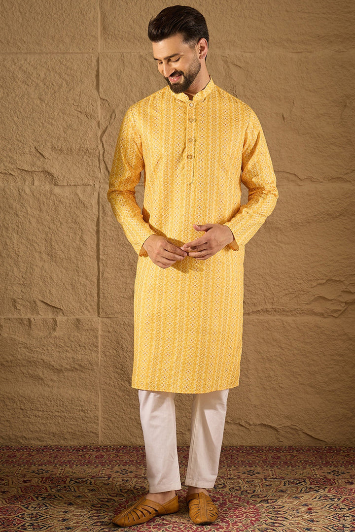 Yellow Silk Blend Geometric Embroidered Straight Kurta with Trouser  | SHOBITAM