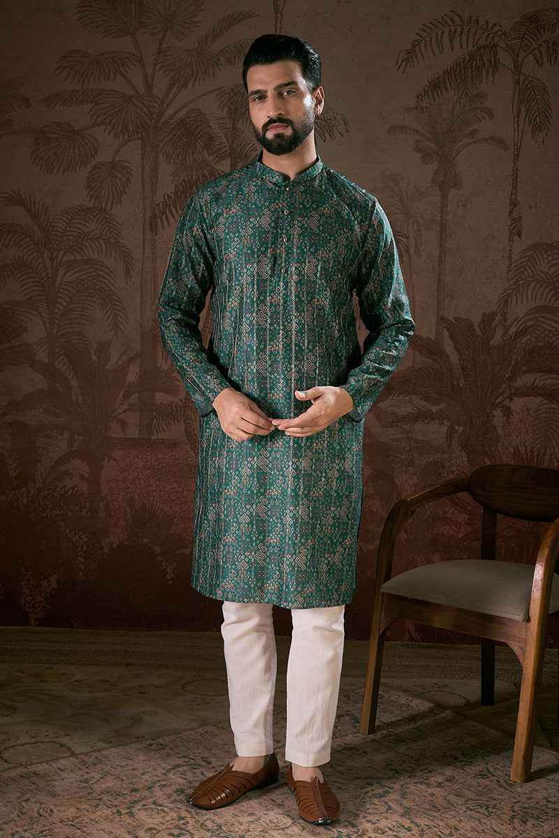 Sea Green Silk Blend Ethnic Motifs Printed Straight Kurta For Men | SHOBITAM