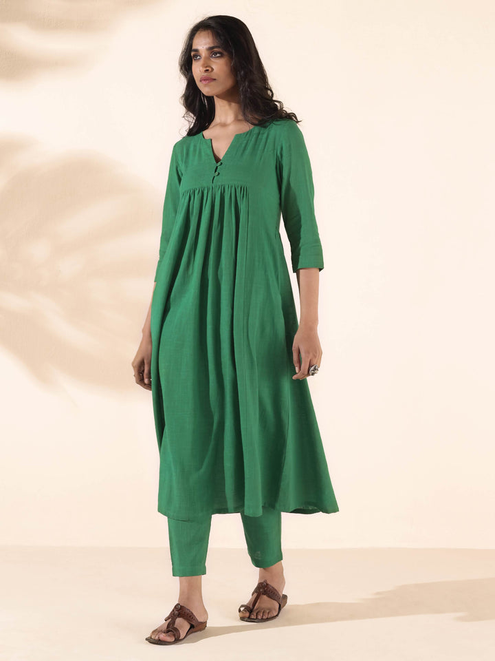 Green Cotton Long Kurta Pant Set | SHOBITAM