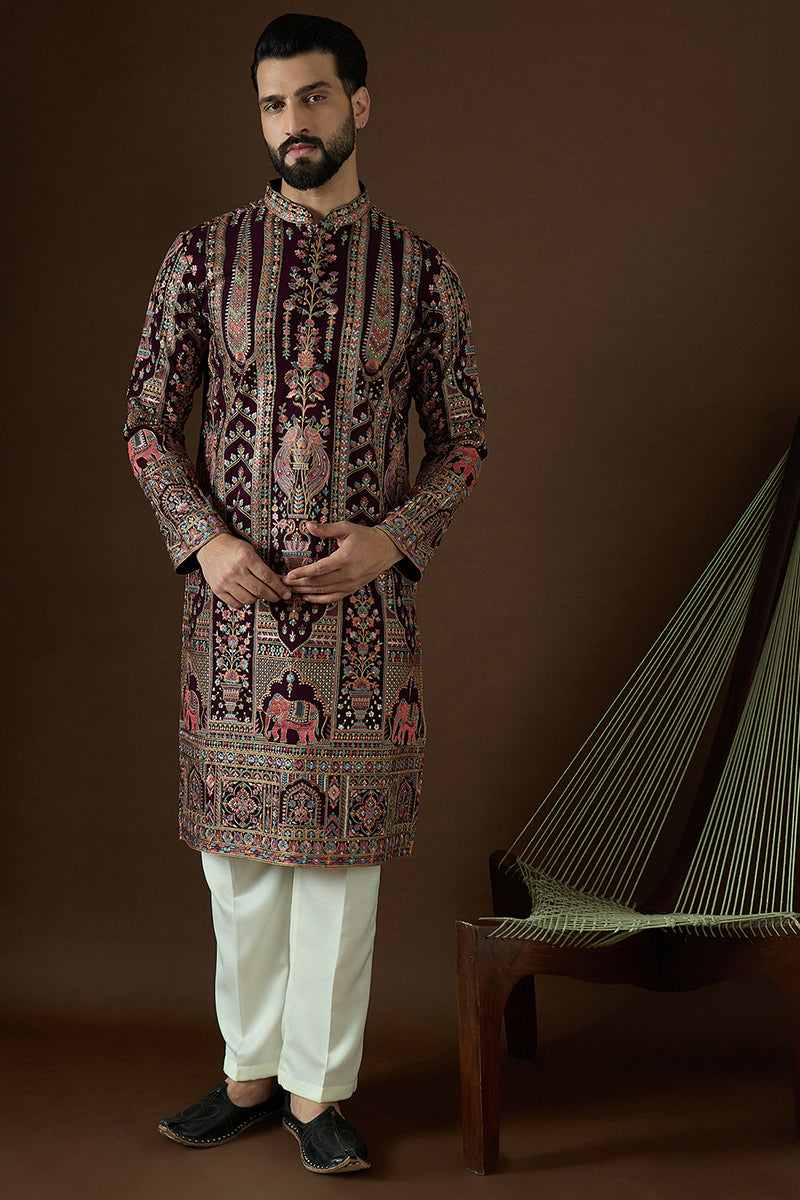 Purple Georgette Solid Embroidered Straight Kurta | SHOBITAM