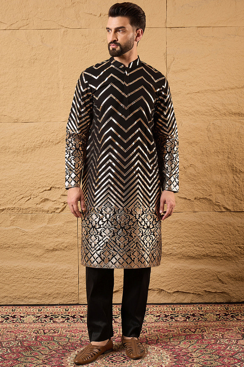 Black Georgette Solid Embroidered Straight Kurta with Trouser  | SHOBITAM