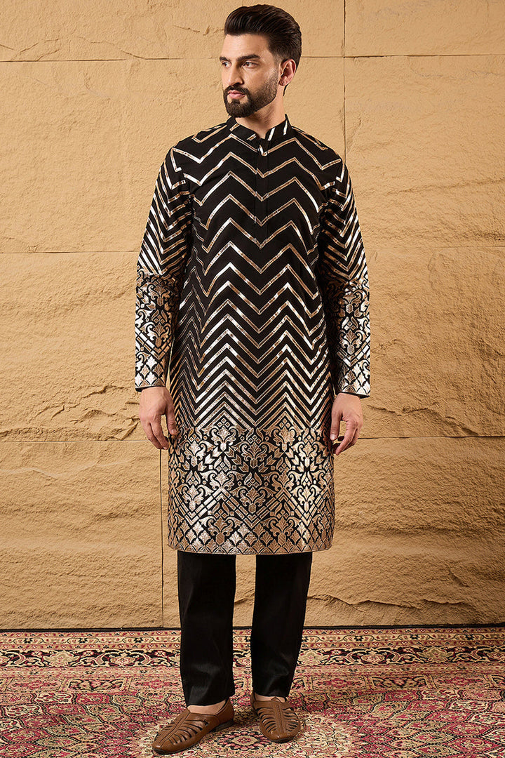 Black Georgette Solid Embroidered Straight Kurta with Trouser  | SHOBITAM