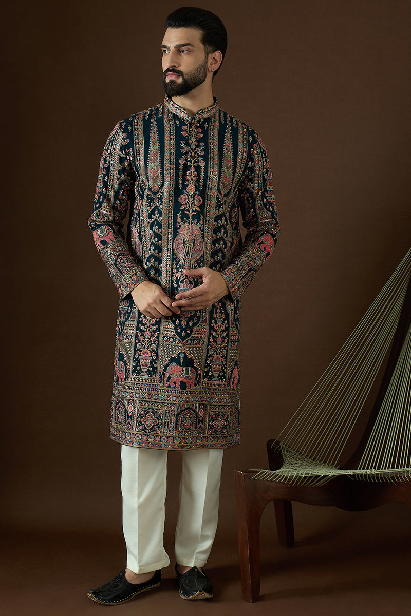 Teal Georgette Solid Embroidered Straight Kurta | SHOBITAM