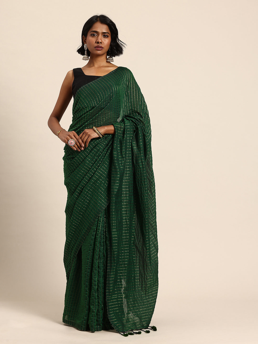 Green Pure Cotton Saree With Blouse Piece | SHOBITAM