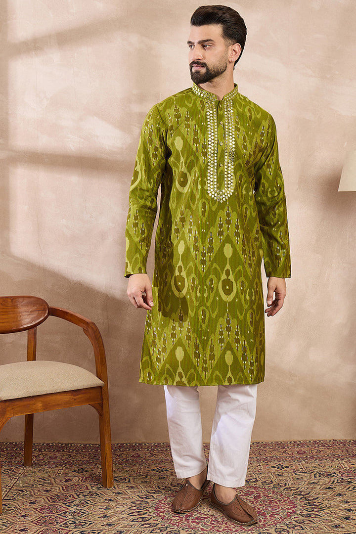 Green Viscose Rayon Chevron Printed Straight Kurta For Men | SHOBITAM